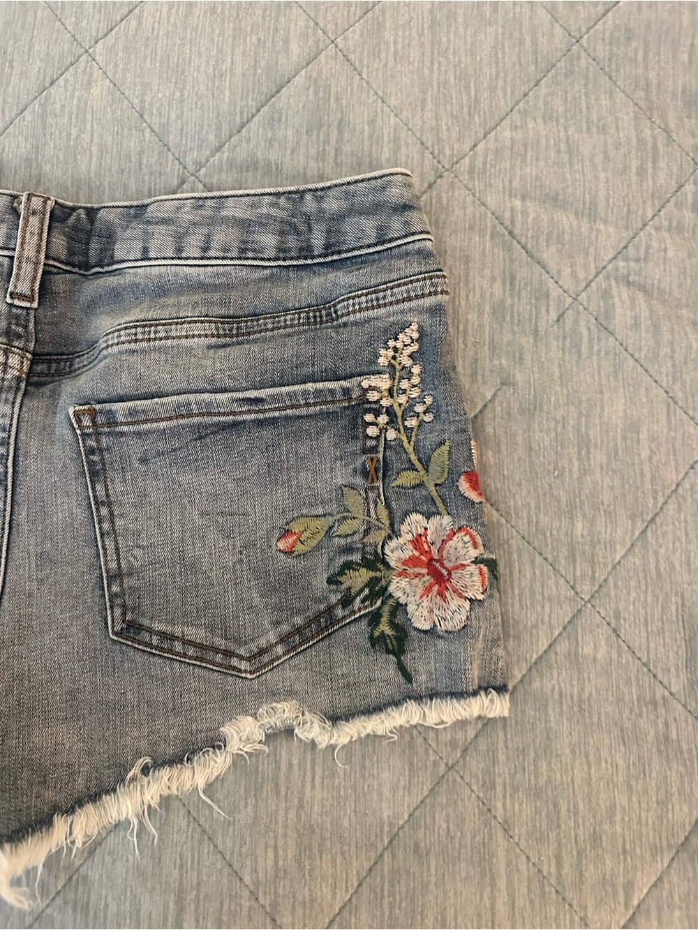 Express Women's Embroidered Frayed Hem Denim Shorts - Light Blue - Picture 4 of 6